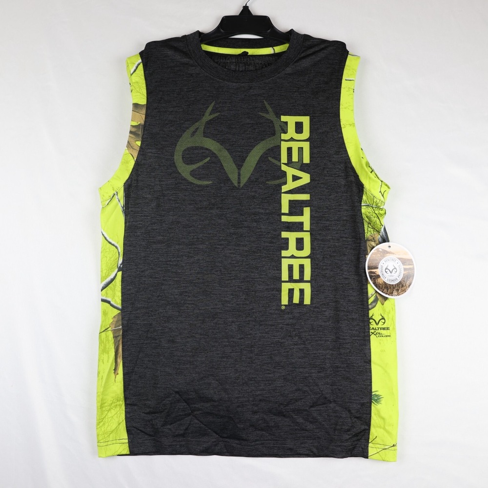 NWT Realtree Activewear Shirt & Shorts Set Boys Medium Charcoal Neon Green Camo